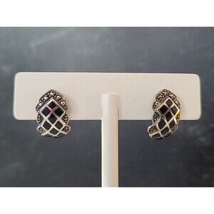 925 Sterling Silver Onyx & Marcasite Dangling Pierced Earrings Vintage READ